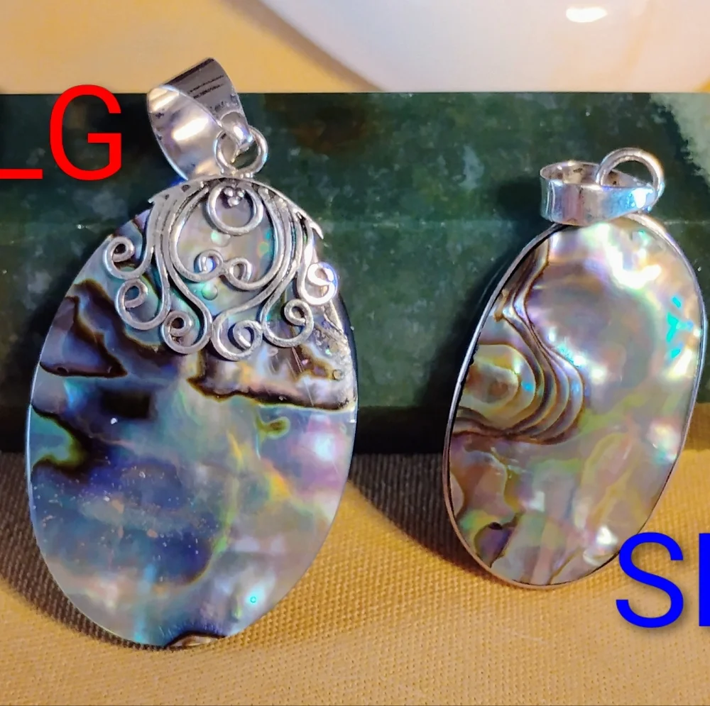 MOTHER/DAUGHTER SET ABALONE STERLING PENDANT. 2- NECKLACE $42./16 & 18 INCH. CH